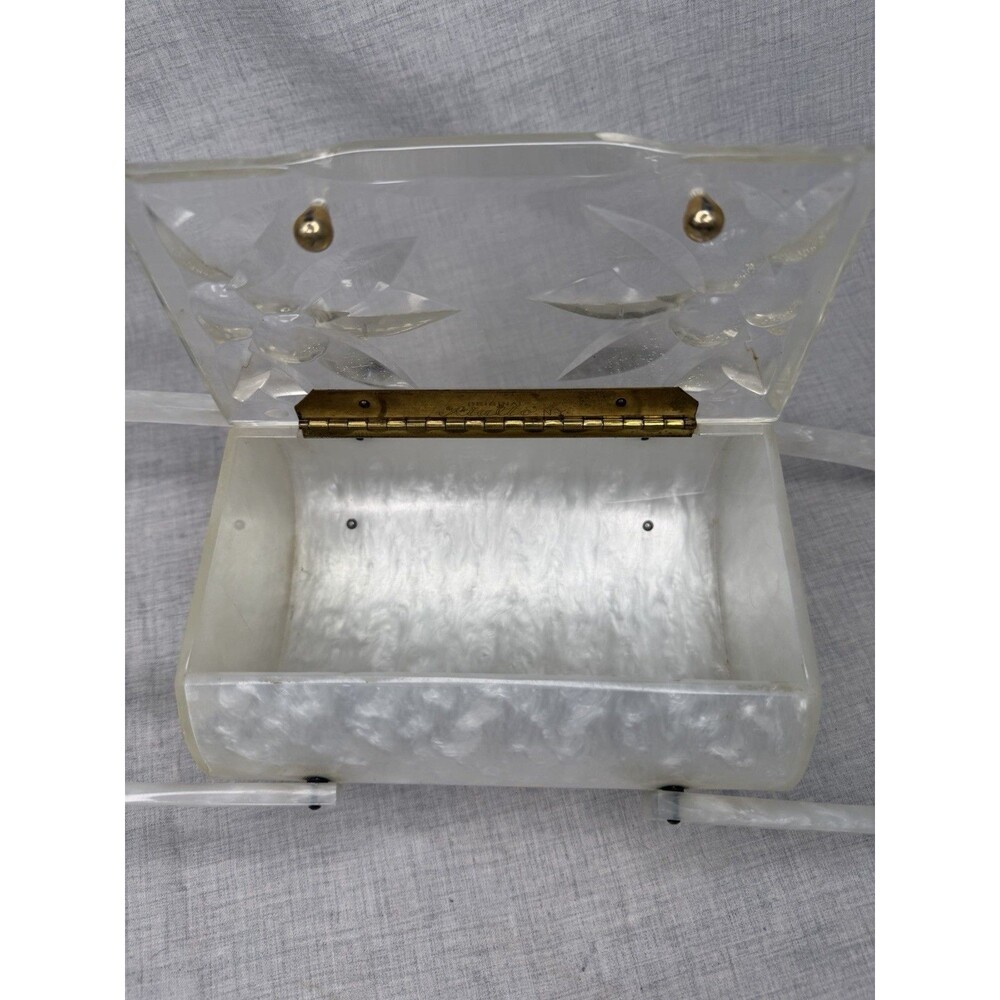 Vintage Rialto NY Lucite Purse white Pearl Clear Floral Lid Handbag Clutch 50’s - Picture 3 of 11